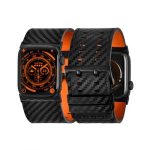 Tefeca Dual Series Bracelet de rechange pour Apple Watch/Apple Watch Ultra (cuir en fibre de carbone avec adaptateurs noirs, ultra large 49/45/44/42 mm) (Taifeika, neuf)