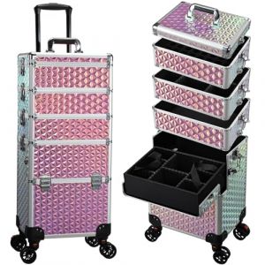 Valise Maquillage 5 en 1 Malette Maquillage Professionnelle sur roulettes Malette Onglerie Aluminium Valise Coiffure Trolley Maquillage Valise Esthetique, Rose (Xaigor, neuf)