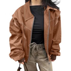 ORANDESIGNE Veste de Motard Surdimensionn&eacute;e en Similicuir pour Femme Leather Blazer Manteau Fermeture &eacute;clair Oversize Jacket Veste Bomber en Cuir F Brun Clair M (Wowmart Zoo X., neuf)