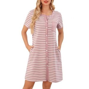Lovasy Chemise de Nuit Femme Coton Chemise de Nuit Manches Courtes &agrave; Rayure Robe De Nuit Boutonn&eacute;e Devant Tee Shirt de Nuit Femme Grande Taille avec Poches Lat&eacute;rales A Rose XXL (Lovasy Direct, neuf)