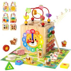 XIAPIA Cube d'Activités Montessori 7-en-1, Jouet d'Éveil en Bois pour Bébé dès 1 an avec Xylophone, Trieur de Formes, Horloge & Labyrinthe de Perles – Cadeau Anniversaire Noël (HOPE MZ, neuf)