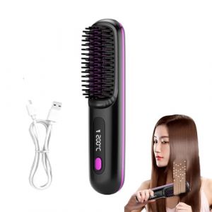 Brusho Hair Pro, 2 en 1 Fer &agrave; Lisser &agrave; ions N&eacute;gatifs, Brosse &agrave; Lisser Sans fil,Mini Lisseur Portable,Lisseur Chauffant Peigne &Agrave; Cheveux LoniqueN&eacute;gative L&eacute;g&egrave;re,pour Cheveux Secs,Cheveux Boucl&eacute;s (Noir) (Orgrul, neuf)