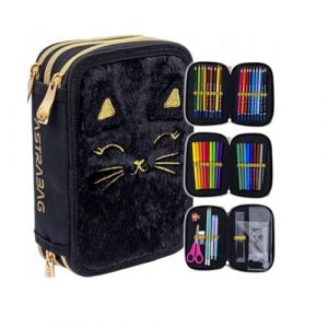 Goldkids - Trousse &agrave; 3 compartiments - Trousse pour filles et gar&ccedil;ons - Trousse &agrave; 3 compartiments - Trousse remplie - Trousse d'&eacute;colier et cahier de devoirs, Chat en peluche, 3-f&auml;hig, Trousse &agrave; (Goldkids, neuf)