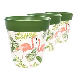 Hum Flowerpots, 22 cm, Lot de 3, Divers Motifs, Coloris et Tailles, Pots de Fleurs en Plastique Int&eacute;rieur/Ext&eacute;rieur, Flamant Rose Vert (Hum Partnership, neuf)