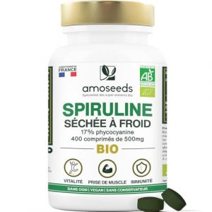 Spiruline BIO Extra Forte | 400 comprim&eacute;s vegan de 500mg | Jusqu'&agrave; 19% Phycocyanine, S&eacute;ch&eacute;e &agrave; froid | 4500mg par jour | Vitamines, R&eacute;duit la Fatigue, Immunit&eacute; | Qualit&eacute; Sup&eacute;rieure (Amoseeds, neuf)