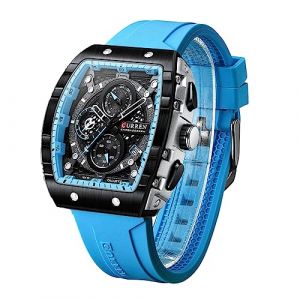 FORSINING Montre-bracelet analogique à quartz pour homme, rectangulaire, grand cadran, bracelet en silicone, étanche, montres militaires, calendrier, date, bleu, bleu, Bande (Global Fashion Show, neuf)