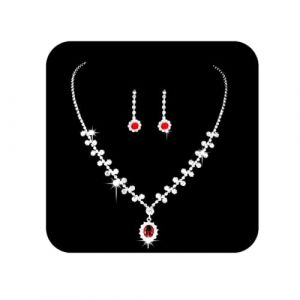 Ushiny Ensemble de bijoux de mariage argent avec strass scintillants Ensemble collier et boucles d'oreilles pendantes en rouge zircon cubique parure de bijoux pour femmes et filles (#XT-042) (Ushiny, neuf)