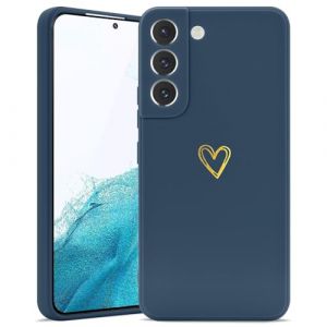 Wirvyuer Coque Compatible avec Samsung S22 Antichoc Coque Silicone TPU avec Motif Coeur d'amour Doré Mignon Étui Protection Complète Souple pour Samsung Galaxy S22 5G (Bleu foncé) (meijiehua, neuf)