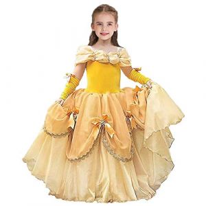 MYRISAM Filles Princesse Belle Robe de Carnaval Hors &Eacute;paule Costume de la Beaut&eacute; et la B&ecirc;te Halloween Cosplay Fancy Dress up D&eacute;guisements Cosplay C&eacute;r&eacute;monie Anniversaire avec Manches Bras 10-11 (MYRISAM store, neuf)
