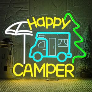 VYXIN - Panneau lumineux n&eacute;on Happy Camper, panneau n&eacute;on de camping, panneaux lumineux LED pour camping-car adapt&eacute;s pour d&eacute;corer des endroits tels que le camping, les pique-niques, le bivouac, le (YWSHR, neuf)