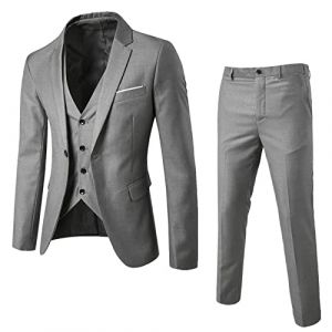 Foweknow Costume pour homme 3 pièces coupe slim fit mariage basique classique uni ensemble 3 pièces complet veste pantalon de costume gilet costume d'été coupe formelle costume blazer costume, gris, L (ROTPMS, neuf)