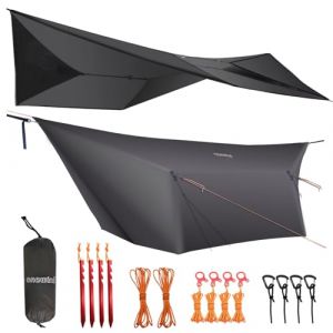 onewind Bâche de hamac de 3,7 m, légère et imperméable en silnylon, bâche de camping polyvalente avec portes et accessoires complets, facile à installer avec sac de rangement, piquets de tente, gris (Onewind, neuf)
