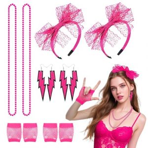TUONYIS 8 Pi&egrave;ces Deguisement Annee 80 Femme Accessoire Fluo, Bandeau,Boucles D'oreilles,Colliers,Gants En R&eacute;sille, D&eacute;guisement Ann&eacute;e 80 Accessoire Femme Fluo, Deguisement Annee 80s Accessoire (Rose) (ZECAI TONG, neuf)
