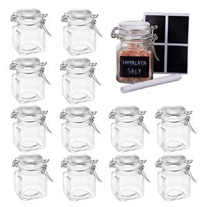 Oak & Steel - 24 Mini Bocaux en Verre avec Clip, 48 Étiquettes & Stylo (100ML) - Herbes Épices Confiture Conserves - Anniversaire, Mariages, Décorations, Cadeaux Invités (Acacia Products, neuf)