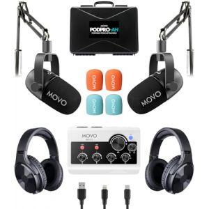 Movo Ensemble d'équipement de baladodiffusion portable pour téléphones iPhone/Android - Kit de podcast avec interface audio, 2 micros dynamiques CastMic, 2 écouteurs, 2 bras perches - pour (Movo Photo EU, neuf)