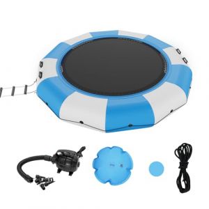 VEVOR Trampoline Aquatique Gonflable, Trampoline sur l’Eau 415x60 cm, Plate-Forme de Natation Portable avec Échelle et Pompe à Air Électrique, Rebondisseur Flottant pour Enfants, Piscine, Bleu Blanc (New Clear VEVOR, neuf)
