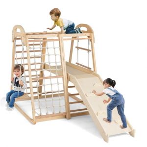GOPLUS 8 en 1 Escalade Enfants Montessori, Triangle Escalade avec Balan&ccedil;oire, Barres de Singe,Corde,Plateforme, &Eacute;chelle d'escalade et Filet, Structure Jeux Int&eacute;rieur pour 3-5 Ans (Naturel,Pont) (Augenstern24, neuf)
