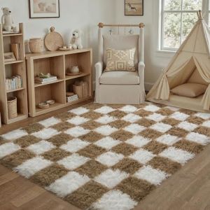 HUGEAR Tapis Salon Shaggy Damier Tapis Chambre Adulte Fille Doux Moelleux Descente de lit Antid&eacute;Rapant Moderne Grand Tapis Marron Blanc 140&times;200cm Decoration Chambrel (RONGBEN, neuf)