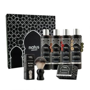 Coffret Beauté Homme à l'Huile d'Argan - Savon, Shampooing, Gel douche, Gel de Rasage, Après-Rasage & Blaireau artisanal - Tous Types de Peau/Cheveux - Végan et Naturel (THE MOROCCAN VIBRATIONS, neuf)
