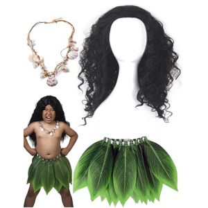Costume de héros polynésien pour enfants - Perruque de dieux hawaïens - Jupe hula en feuille - Collier tutu coquillage pour Halloween Cosplay - 3-12 ans (吴中经济开发区越溪远足户外经营部, neuf)