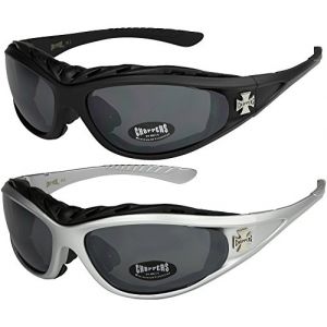 Choppers - Lot de 2 paires de lunettes de soleil moto motard biker avec rembourrage unisexe femmes hommes - 1x Modèle 01 (noir/teinte noir) et 1x Modèle 04 (argenté/teinte noir) - Modèle 01 + 04 - (marken-fashion, neuf)