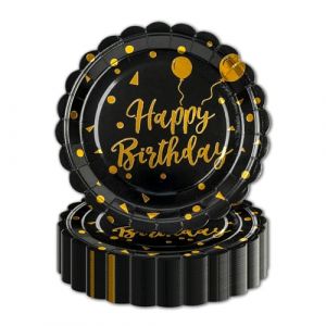 HFBOBP Lot de 50 assiettes de f&ecirc;te en feuille d'or,Joyeux anniversaire noir avec impression dor&eacute;e Vaisselle de f&ecirc;te &agrave; pois pour le d&icirc;ner, le dessert, les mariages, les anniversaires (HFBOBP, neuf)
