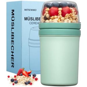 Mitsemmo Bol muesli a emporter avec cuill&egrave;re,600 ml + 270 ml Gobelets &agrave; C&eacute;r&eacute;ales,Pot de yaourt en plastique,Pot petit dejeuner porridge Salade Bols avoine overnight oats jar (Vert Nordique) (Mitsemmo, neuf)