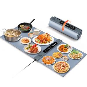 Chauffe Plat &Eacute;lectrique &agrave; 3 Zones Ind&eacute;pendantes 101&times;43 cm, Plaque Chauffante &Eacute;lectrique avec 17 Niveaux de Temp&eacute;rature et Minuterie 1&ndash;6 h, Chauffe Assiette en Silicone Enroulable pour Buffets et F&ecirc;tes (INNOTOOL, neuf)