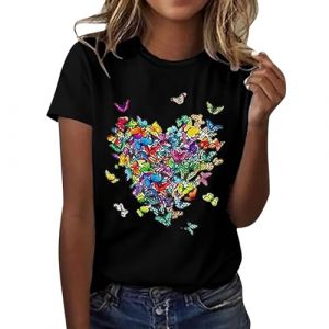 Tee Shirt Femme Coton T Shirts Blanc Imprimante Pas Cher T-Shirt &Agrave; Manches Courtes Col Rond Tunique avec Motif Papillons Grande Taille Tops Chemises (Ama2om, neuf)