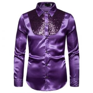 Chemise &agrave; Paillettes pour Homme en Satin de Soie Brillante Disco Party Chemise Veste Tops 2025 Nouvelles Chemises Chemise &agrave; Paillettes Slim Hauts Classique Chemise Chemise Brillante Manches Longues (Beythetly, neuf)