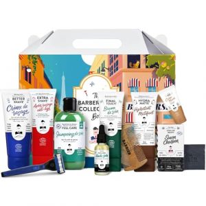 Coffret Grooming Barbershop Collection Box - Soins Végan, Naturels & Efficaces pour Barbe, Cheveux & Peau - Crème de Rasage, Baume Après-Rasage, Shampoing, Huile Sèche, Peigne, Crème Mains, Hydratant (Monsieur Barbier, neuf)