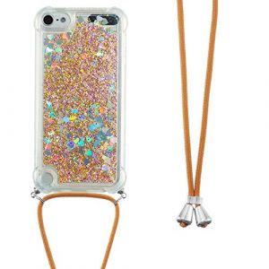 Collier Coque pour iPod Touch 5 / iPod Touch 6/7,Glitter Paillette Brillante Quicksands Liquide Transparente Silicone TPU Case Housse avec Cordon Collier Tour de Cou pour iPod Touch 5,GS Gold Heart (LEMAXELERS, neuf)
