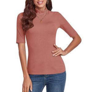 WOWENY Pull &agrave; Manches Courtes pour Femme &eacute;l&eacute;gant T-Shirt &agrave; 1/2 Bras avec Col Montant &eacute;lastique T-Shirt &agrave; Col Roul&eacute; en Coton Tops Basiques Chemise Chemisier, Rose, M (EU Creative Fashion, neuf)