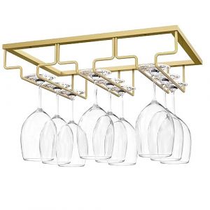 Nuovoware Porte-Verres &agrave; Pied Suspendu, Porte-Verre &agrave; Vin Suspendu Support de Verre &agrave; Vin avec 3 Rails pour Dessous d'&Eacute;tag&egrave;re, Armoire de Verre, Tenture en Chrome, Barre de Cuisine - Or (Joiel EU, neuf)