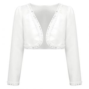 Freebily Boléro Bébé Enfant Fille à Manche Longue Fleur Cardigan Boléro Demoiselle d'honneur Baptême Soirée Cérémonie Veste Gilet Étole Satin Blanc Perles 13-14 Ans (MissPretty, neuf)