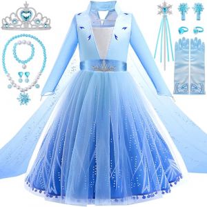 Deguisement Reine des Neiges Princesse Fille 3 4 5 6 7 8 Ans, Robe Elsa Princesse, Déguisement Reine des Neiges avec Couronne Bijoux Baguette Magique, Noël Cosplay Halloween Cadeau Jouet Fille (100cm) (G.C EU, neuf)