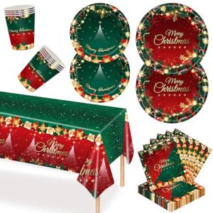 POPOYU 69 Pi&egrave;ces Vaisselle en Papier de No&euml;l, 1 x Nappe de Table,16 x Assiettes &agrave; D&icirc;ner & 16 x Assiettes &agrave; Salade, 16 x 250ml Tasses, 20 x Serviettes, Rouge et Vert Vaisselle de F&ecirc;te de No&euml;l (MUDAMUDA Store, neuf)