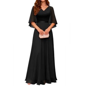 DRESSTELLS Robe de Soir&eacute;e Femme &Eacute;l&eacute;gante en Col V pour Cocktail C&eacute;r&eacute;monie Bal de Promo, Robe Demoiselle d'honneur Femme pour Mariage Invit&eacute; avec Manches Courtes Noir L (Dresstells, neuf)