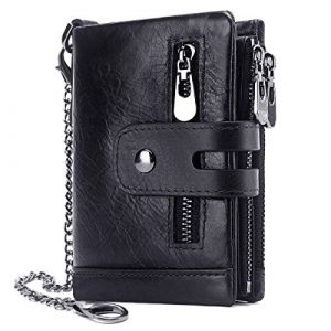 REETEE Portefeuille Homme en Cuir Blocage RFID Porte Monnaie Homme 16 Fentes pour Cartes Fermeture Eclair Poche à Monnaie avec Chaine Porte-Monnaie Classique (Noir) (REETEE, neuf)