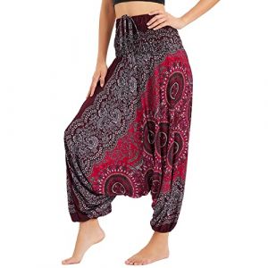 Nuofengkudu Femme Hippie Sarouel Combinaison Pantalon Bretelles Jumpsuit Taille Haute Large Boheme Fleuri Imprimé Leger Grande Thai Yoga Pants Homewear Coloré Ete Plage Boussole Vin Rouge (better Life, neuf)