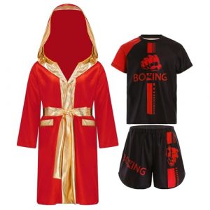 Oyolan Enfant Garçon Short de Boxe et T-Shirt Peignoir Robe de Boxe à Capuche Ensemble Combat Muay Thai MMA Kick Boxing A Rouge 15-16 Ans (Oyolan EU, neuf)
