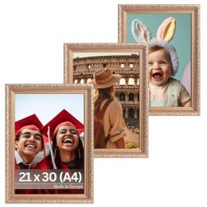 Victor Cadre Photo Rubens Set de 3 - en 21x30 cm (A4) Or Rosé - Bar: 30x20mm - Verre Véritable - Châssis pour l'image Baroque - Antique - Vintage 20x30 - A4 Ancien (Victor_Store, neuf)