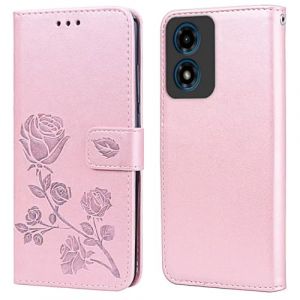 RankOne &Eacute;tui Portefeuille en Cuir pour Motorola Moto E14 / G04S / G04 / G24 / G24 Power (6.5" inches), avec Porte-Cartes Rose Pattern Design Cover Coque Housse Case - Or Rose (Rankone, neuf)