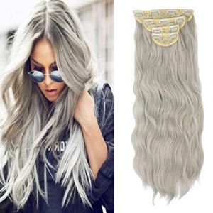Extension a Clip Cheveux Naturel Ondulé Bouclés 4pcs 220g Extensions Cheveux Clips Clip in Hair Extension Synthétique Postiche Cheveux Long Extensions de Cheveux, Gris (Cybelleza store, neuf)