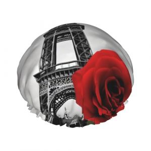 Bonnet de douche avec bonnet de bain élastique réutilisable pour femme, doux, double couche, imperméable, bonnet de douche, tour Eiffel, rose rouge, bonnets de douche pour cheveux longs, courts et bou (hefeiliguipengshangmaoyouxiangongsi, neuf)