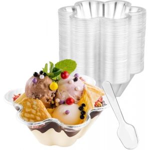 LATERN 60 Pi&egrave;ces Coupes &agrave; Dessert en Plastique avec Cuill&egrave;res, 240ml Tasses &agrave; Dessert en Forme de Fleur Gobelets Transparentes pour Ap&eacute;ritifs Bols de Service R&eacute;utilisables pour Pudding Mousse F&ecirc;te (QINGJIN-EU, neuf)