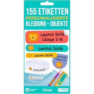 155 étiquettes personnalisées pour vêtements et fournitures scolaires – 100 étiquettes en tissu thermocollantes écologiques + 55 autocollants imperméables (Haberdashery Online, neuf)