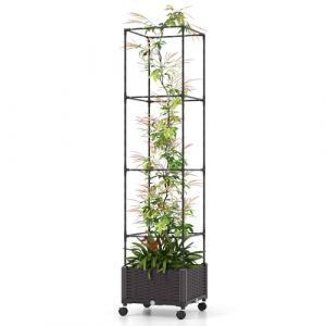 GOPLUS Jardinière avec Treillis Jardin pour Plantes Grimpantes, Obélique avec Carré Potager Pot,Cage à Tomates à roulettes 4 Hauteurs 170/130/90/50CM 40 x 40 x 32CM (Augenstern24, neuf)