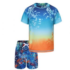 Maillot de Bain Enfant Garçon 2 Pièces - T-Shirt Anti UV à Manches Courtes et Short de Bain pour Surf Natation - 11-12 Ans (ZhouKe Maoyi, neuf)