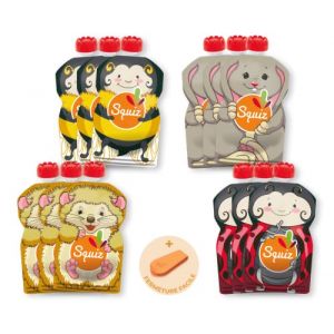 SQUIZ - Entreprise Française - Lot de 12 gourdes rechargeables et réutilisables 130ml sans bpa - pour compotes - pour bébé et enfant - collection bébés nature - Fabrication Suisse (SQUIZ, neuf)